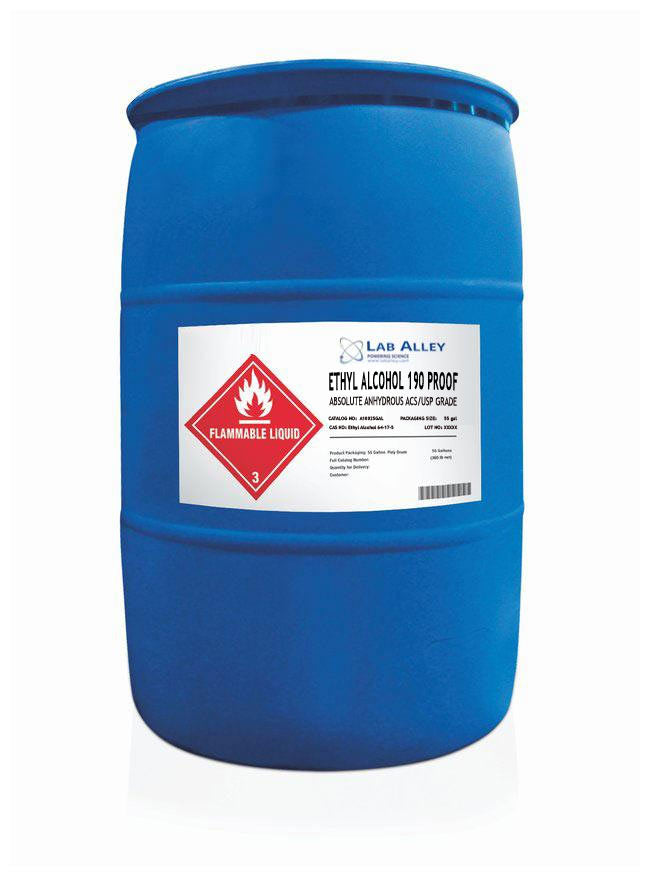 Ethanol 190 Proof, Undenatured, Food Grade Ethanol, ACS-USP Grade, Tax Paid, 55 Gallon Drum, Poly
